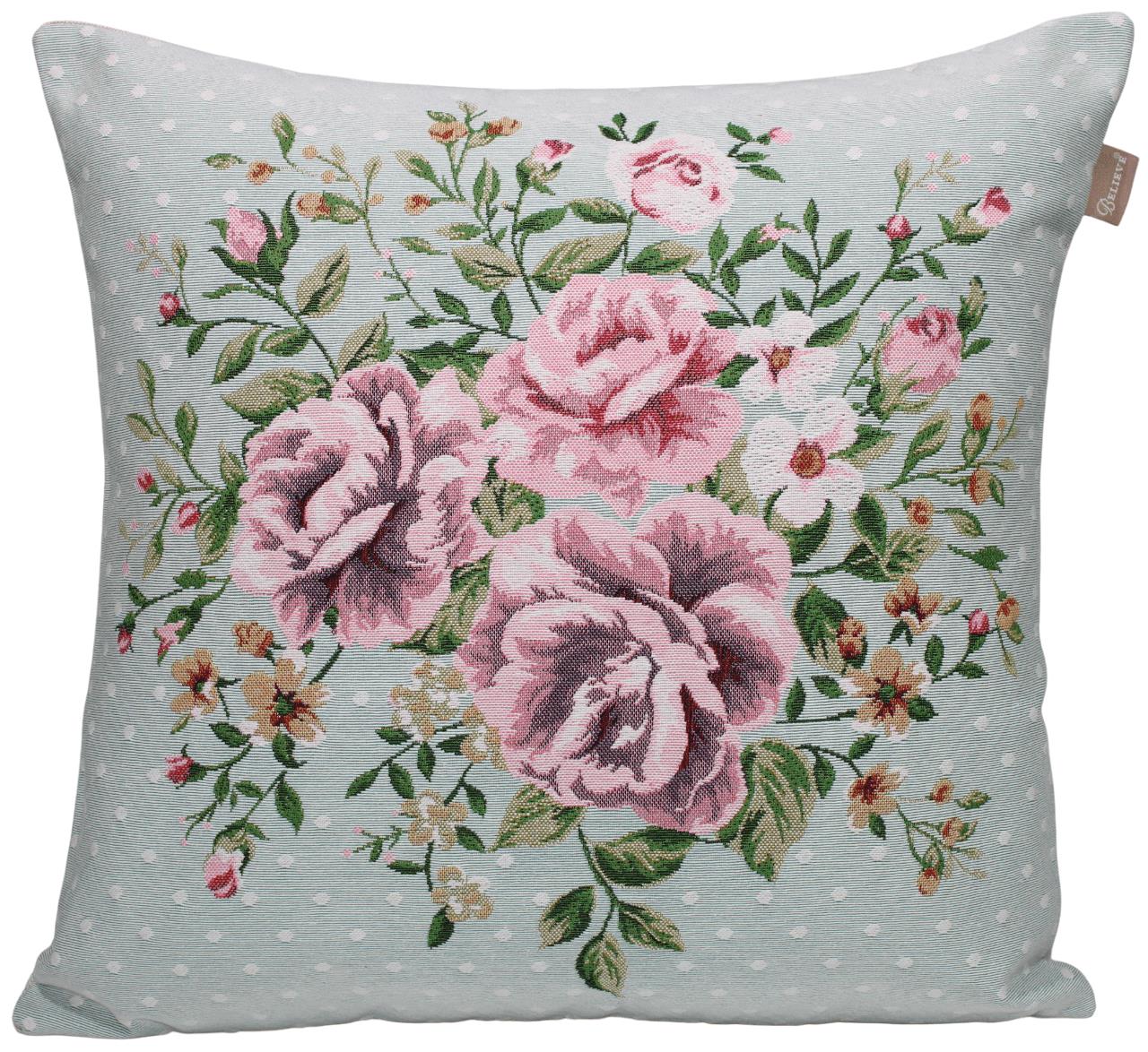 BELIEVE CARMEN JAKARLI DOKUMA GOBLEN DEKORATİF ÇİÇEKLİ MAVİ KIRLENT KILIFI 45*45