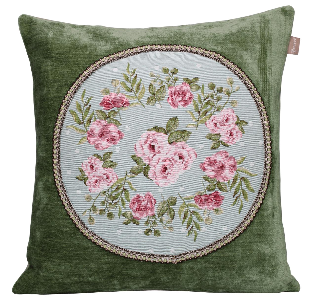 BELIEVE ÇİÇEKLİ JAKARLI DOKUMA GOBLEN ŞÖNİL DEKORATİF YEŞİL KIRLENT KILIFI 45*45