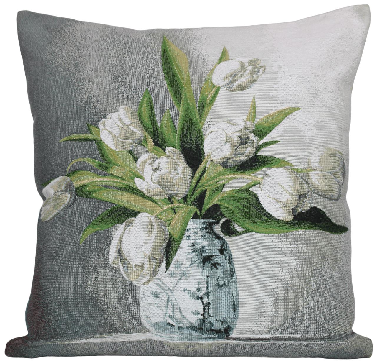 BELIEVE CLASSY JAKARLI DOKUMA GOBLEN DEKORATİF VAZODA BEYAZ LALE KIRLENT KILIFI 45*45