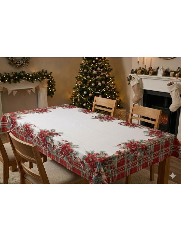 BELIEVE EKOSELİ KIRMIZI YILBAŞI ÇİÇEĞİ SÜSÜ JAKARLI DOKUMA GOBLEN DEKORATİF SİMLİ MASA ÖRTÜSÜ 140*195