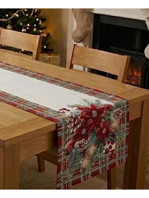 BELIEVE EKOSELİ KIRMIZI YILBAŞI ÇİÇEĞİ SÜSÜ JAKARLI DOKUMA GOBLEN DEKORATİF SİMLİ RUNNER 45*115