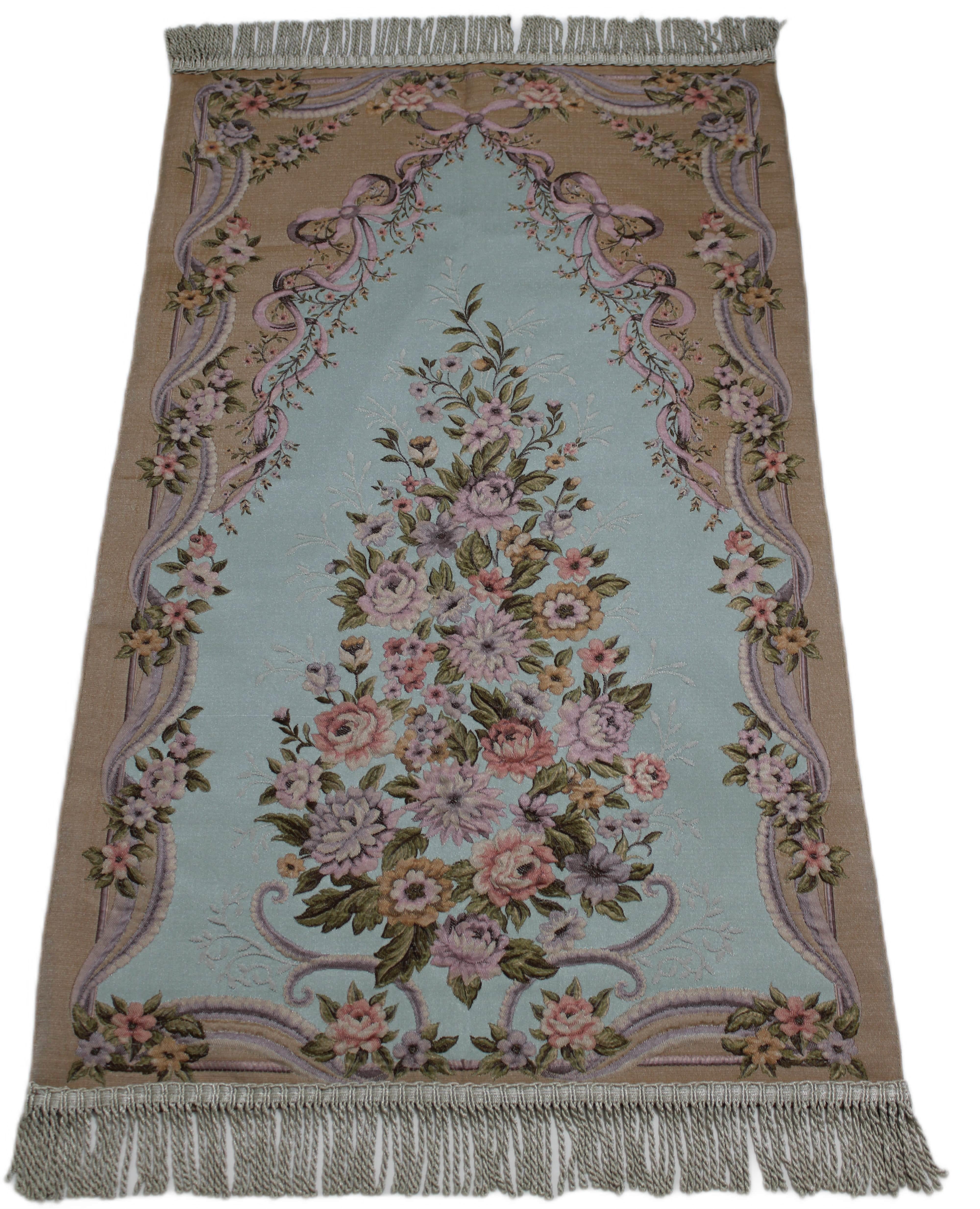 BELIEVE ESLEM JAKARALI DOKUMA GOBLEN DEKORATİF SATEN SECCADE BEJ MAVİ 70x12