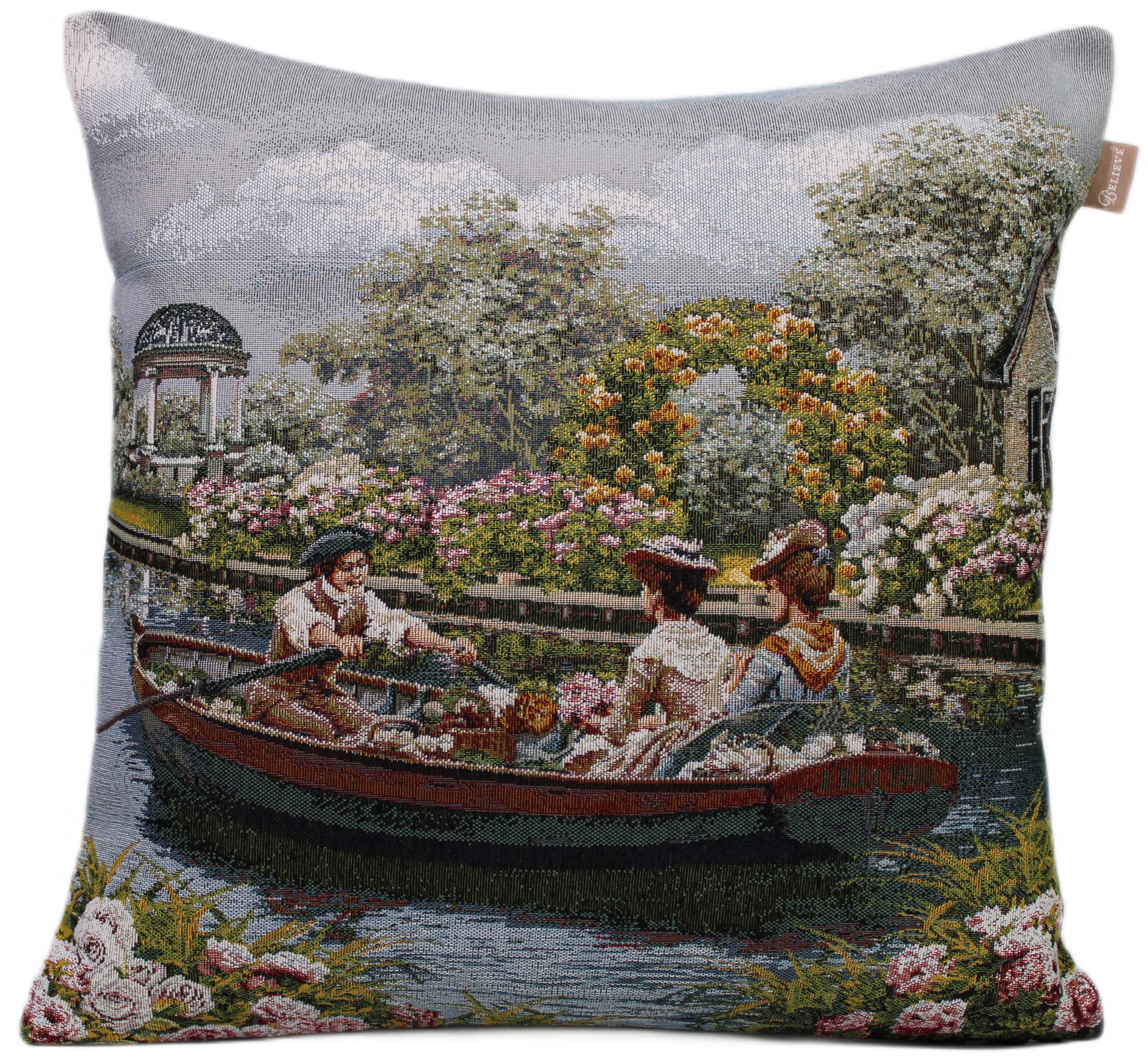 BELIEVE FAYE B JAKARLI DOKUMA GOBLEN DEKORATİF İNSANLI KAYIKLI ROMANTİK KIRLENT KILIFI 45*45