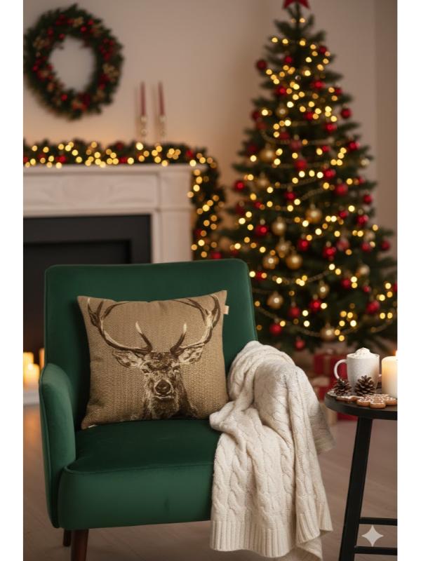 BELIEVE GEYİK KAFASI JAKARLI DOKUMA GOBLEN DEKORATİF KIRLENT KILIFI 45*45