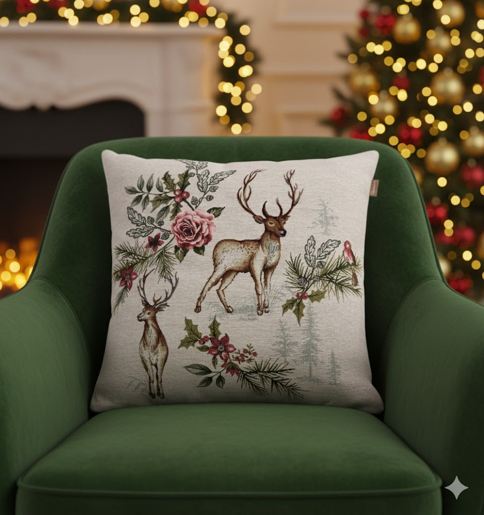 BELIEVE GEYİKLİ JAKARLI DOKUMA GOBLEN DEKORATİF KIRLENT KILIFI 45*45