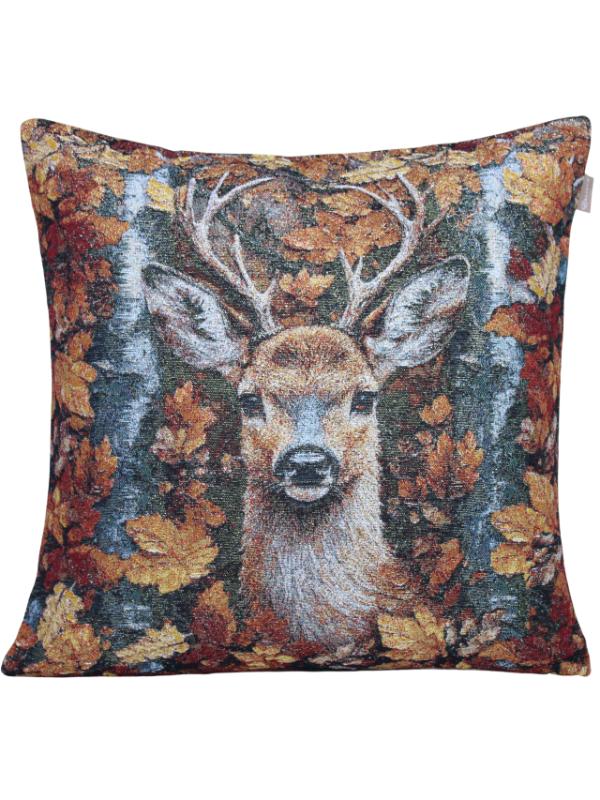 BELIEVE GEYİKLİ YAPRAKLI JAKARLI DOKUMA GOBLEN DEKORATİF SİMLİ SONBAHAR KIRLENT 45*45