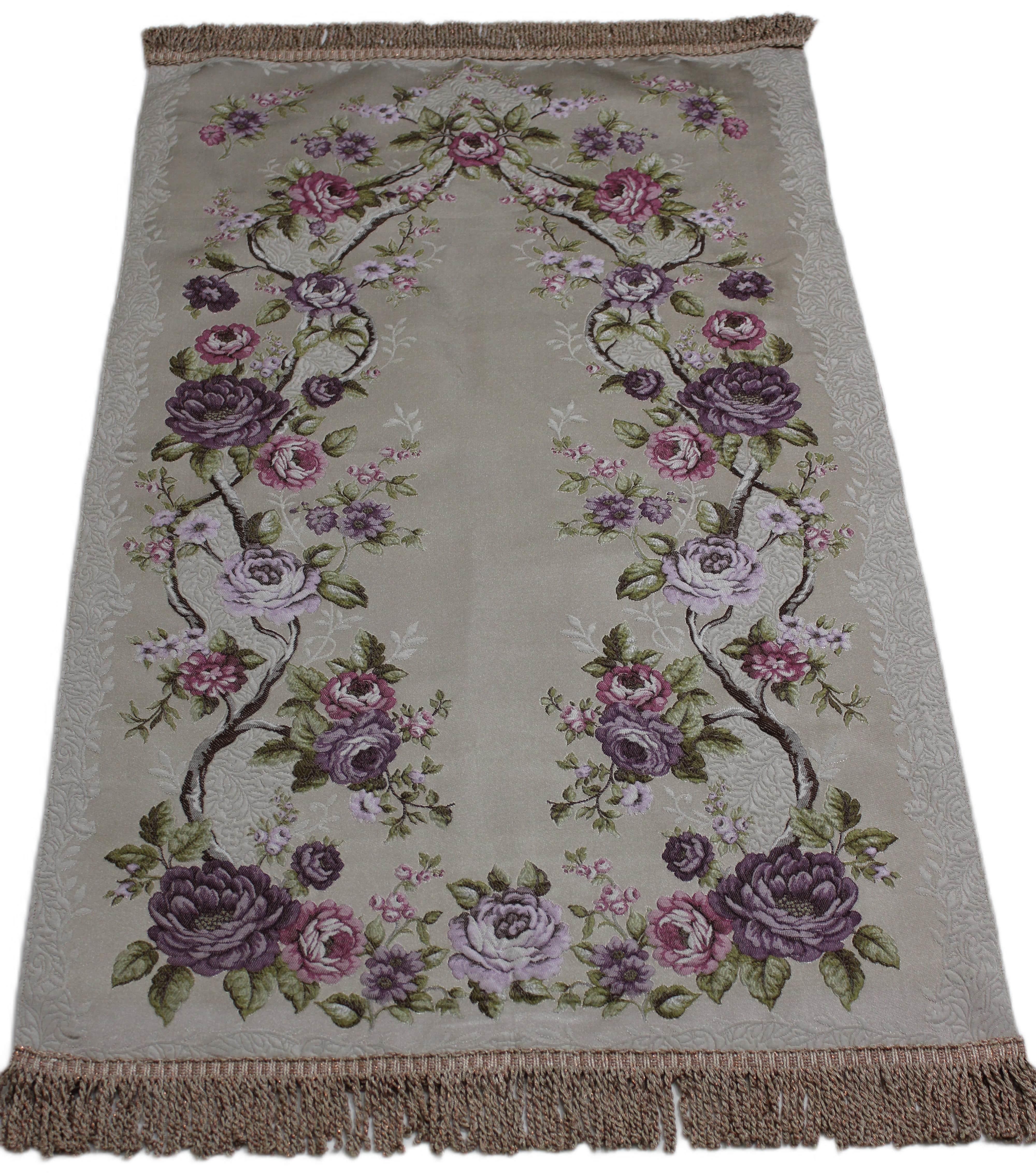 BELIEVE GÜLEFŞAN JAKARLI DOKUMA GOBLEN DEKORATİF SATEN SECCADE SÜTLÜ KAHVE 70x120