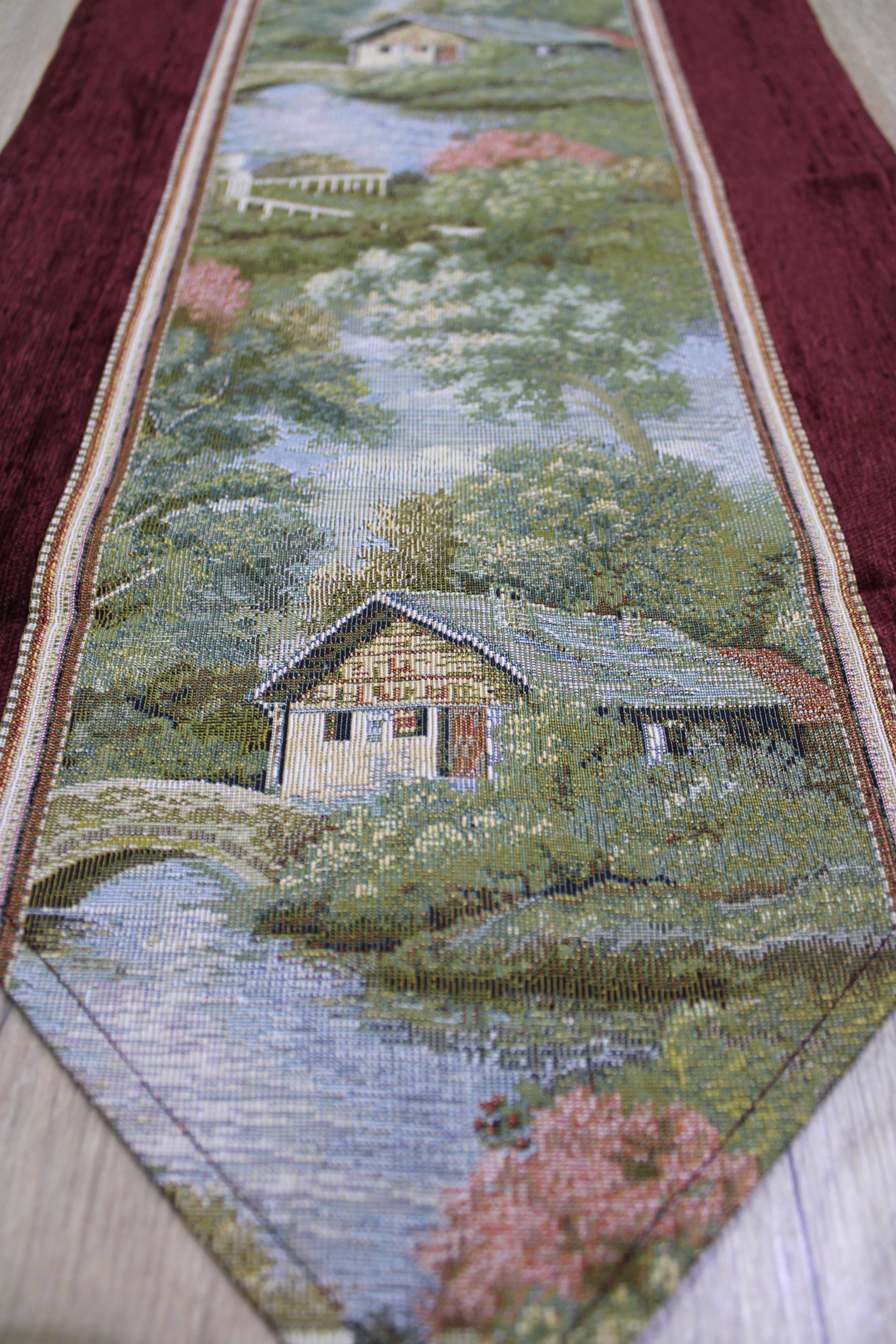 BELIEVE HOUSE WİEW JAKARLI DOKUMA GOBLEN DEKORATİF ŞÖNİL RUNNER BORDO 30*80