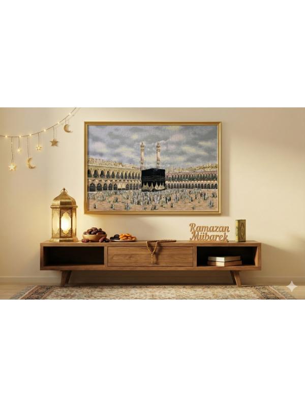 BELIEVE KABE UMRE HAC ZİYARETİ JAKARLI DOKUMA GOBLEN DEKORATİF ÇERÇEVESİZ PANO TABLO 70*115