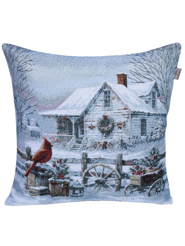 BELIEVE KAHVERENGİ KUŞLU KIŞ MANZARASI JAKARLI DOKUMA GOBLEN DEKORATİF YILBAŞI SİMLİ 45*45 KIRLENT