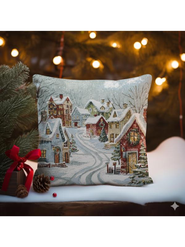 BELIEVE KARLI EVLİ YILBAŞI JAKARLI DOKUMA GOBLEN DEKORATİF SİMLİ KIRLENT 45*45