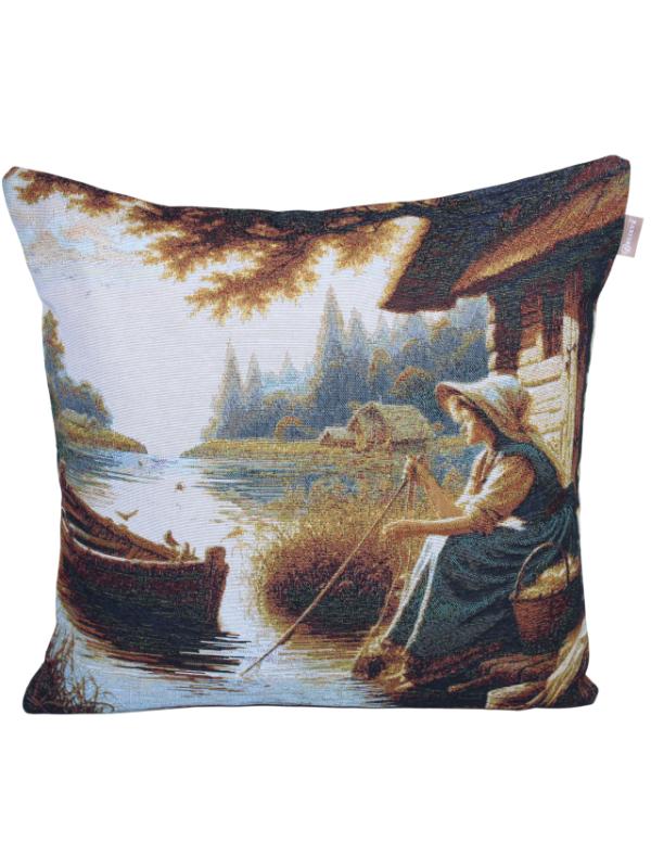 BELİEVE KAYIKÇI KIZ JAKARLI DOKUMA GOBLEN DEKORATİF 45*45 KIRLENT