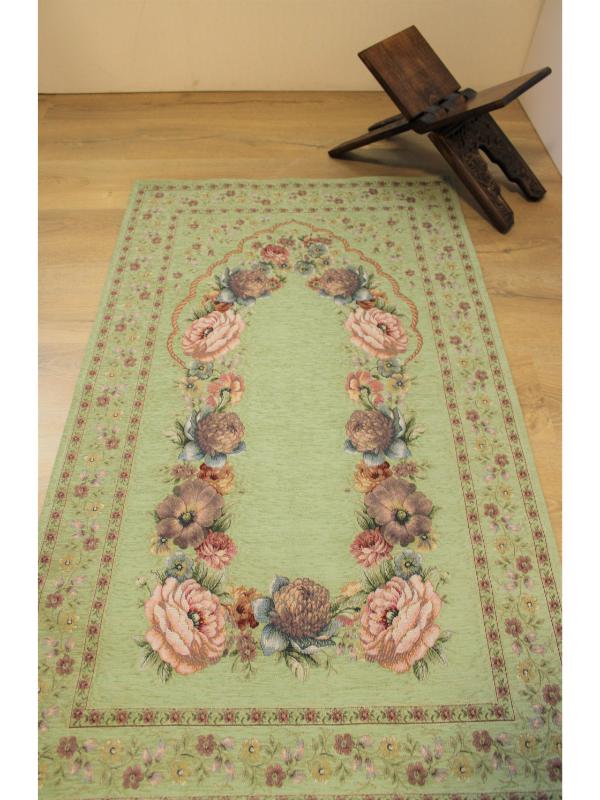 BELİEVE KINAY ANTİK YEŞİL JAKARLI DOKUMA GOBLEN DEKORATİF ASTARSIZ SAÇAKSIZ ŞÖNİLLİ SECCADE 70*115