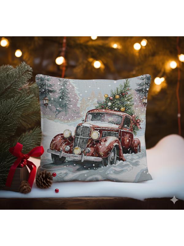 BELIEVE KIRMIZI ARABALI KIRLENT YILBAŞI JAKARLI DOKUMA GOBLEN DEKORATİF KIRLENT 45*45