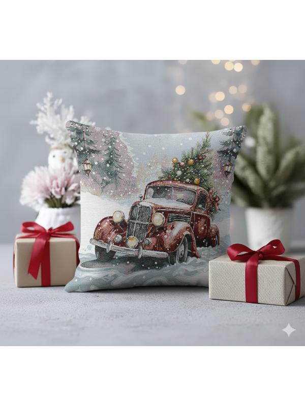 BELIEVE KIRMIZI ARABALI KIRLENT YILBAŞI JAKARLI DOKUMA GOBLEN DEKORATİF KIRLENT 45*45