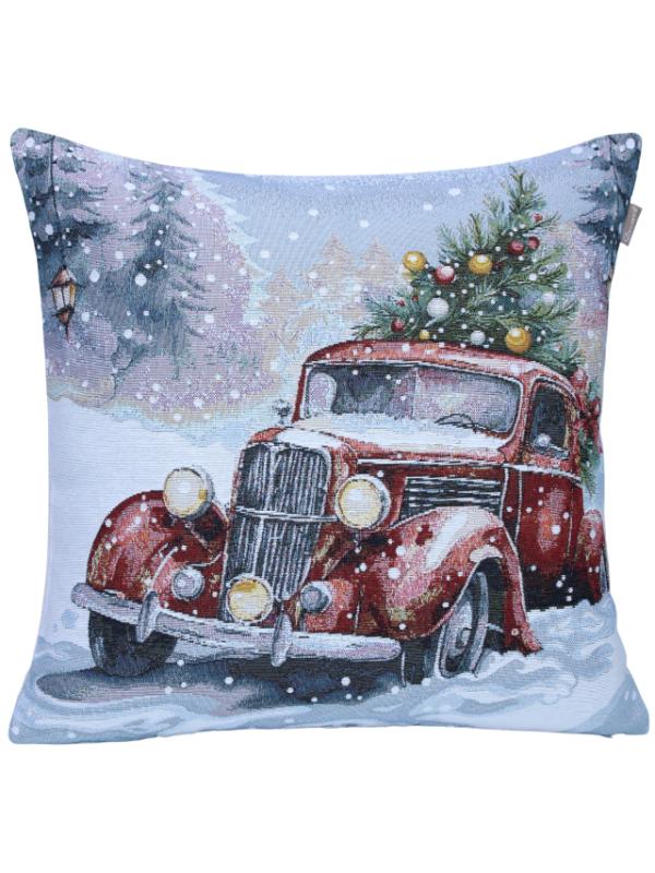 BELIEVE KIRMIZI ARABALI KIRLENT YILBAŞI JAKARLI DOKUMA GOBLEN DEKORATİF KIRLENT 45*45