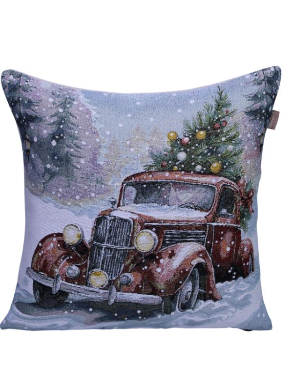 BELİEVE KIRMIZI ARABALI YILBAŞI JAKARLI DOKUMA GOBLEN DEKORATİF SİMLİ KIRLENT 45*45