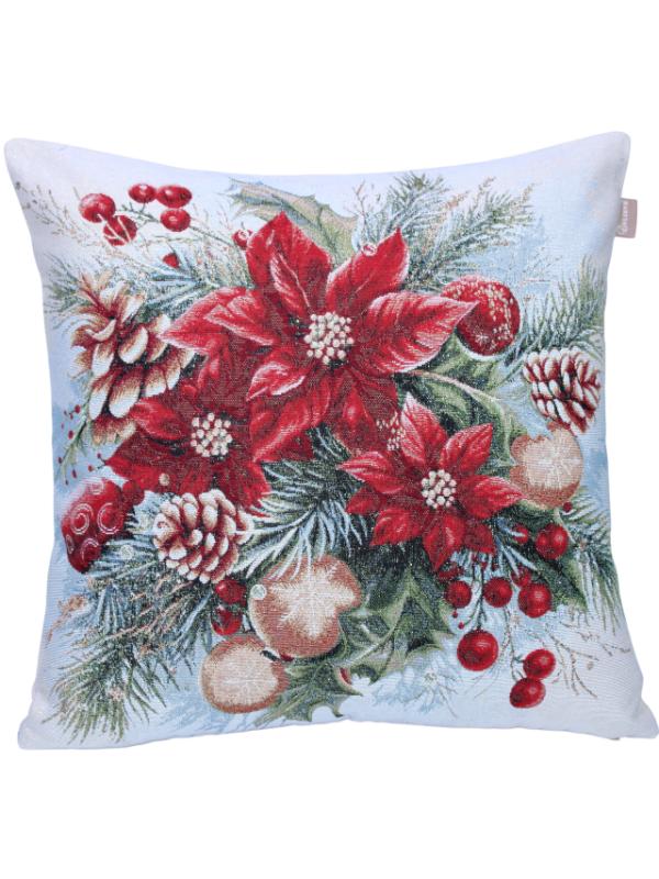 BELIEVE KIRMIZI ÇİÇEKLİ YILBAŞI SÜSLERİ JAKARLI DOKUMA GOBLEN DEKORATİF SİMLİ KIRLENT 45*45