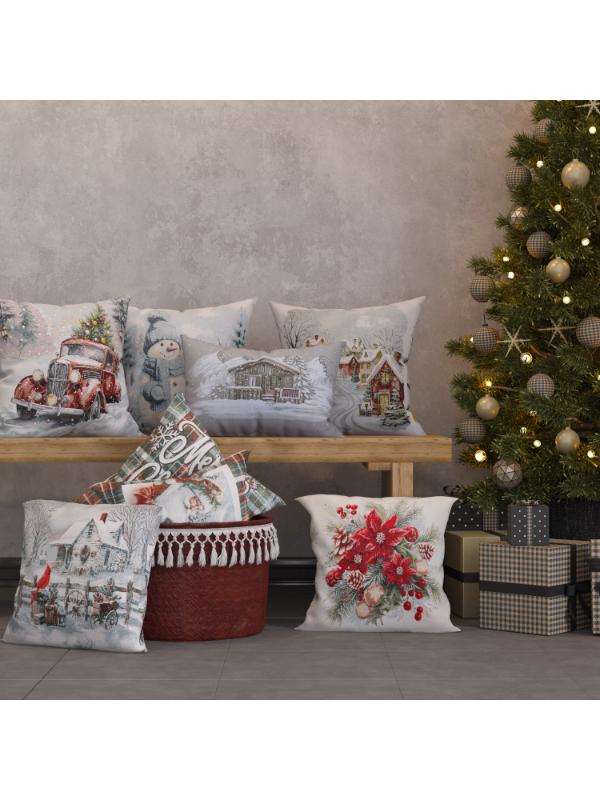 BELIEVE KIRMIZI ÇİÇEKLİ YILBAŞI SÜSLERİ JAKARLI DOKUMA GOBLEN DEKORATİF SİMLİ KIRLENT 45*45