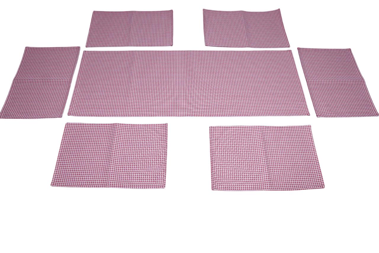 BELIEVE KIRMIZI PÖTİKARE JAKARLI DOKUMA GOBLEN DEKORATİF RUNNER VE AMERİKAN SERVİSİ 7Lİ PİKNİK SETİ