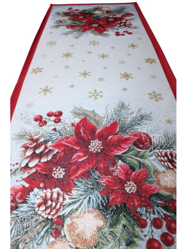 BELIEVE KIRMIZI YILBAŞI ÇİÇEĞİ SÜSÜ JAKARLI DOKUMA GOBLEN DEKORATİF SİMLİ RUNNER 45*115