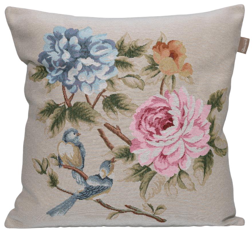 BELIEVE MEROPS JAKARLI DOKUMA GOBLEN DEKORATİF MAVİ-PEMBE ÇİÇEKLİ KIRLENT KILIFI 45*45