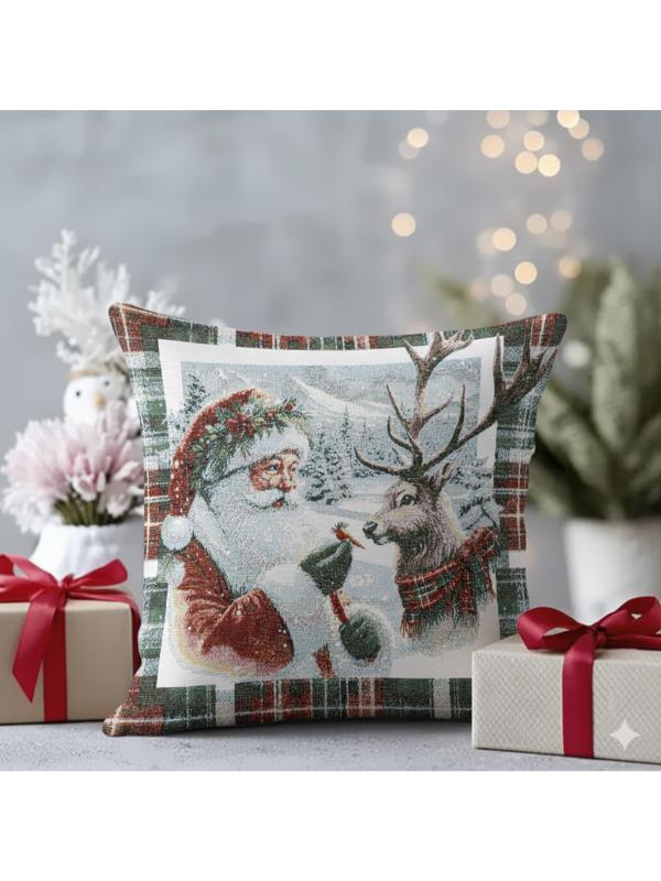 BELIEVE NOEL BABA GEYİKLİ EKOSELİ ÇERÇEVELİ JAKARLI DOKUMA GOBLEN DEKORATİF SİMLİ KIRLENT 45*45