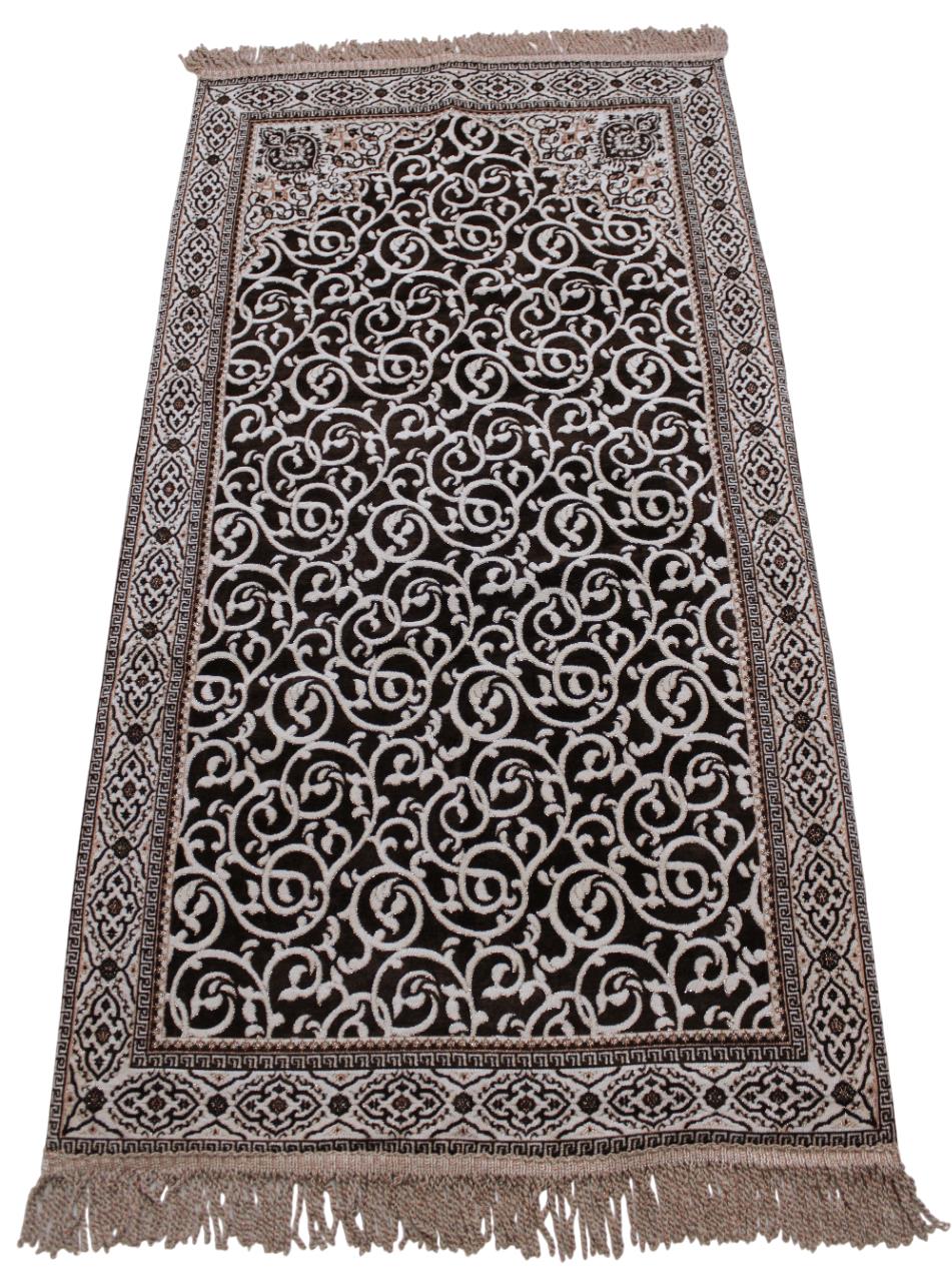 BELIEVE ÖZNUR GOBLEN JAKARLI DOKUMA ŞÖNİL SİMLİ ASTARLI SAÇAKLI ACI KAHVE SECCADE 70x120