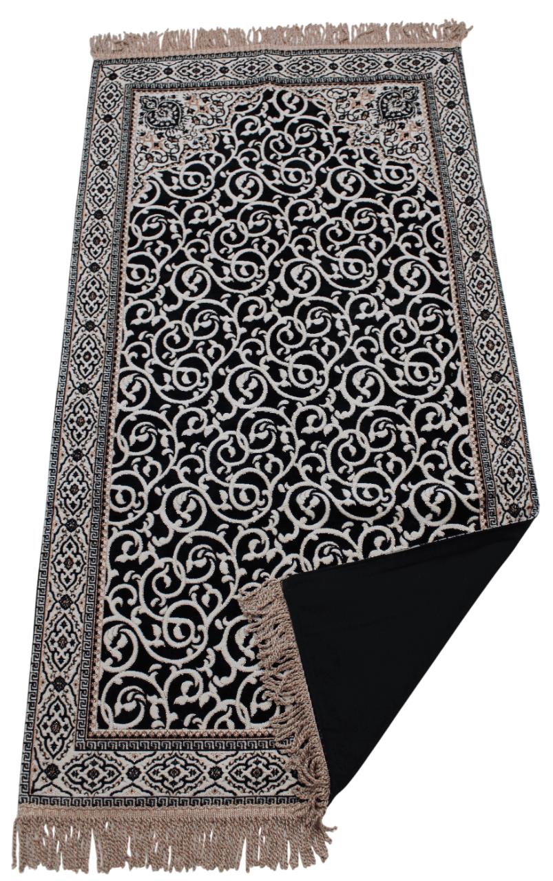 BELIEVE ÖZNUR GOBLEN JAKARLI DOKUMA ŞÖNİL SİMLİ ASTARLI SAÇAKLI SİYAH SECCADE 70x120
