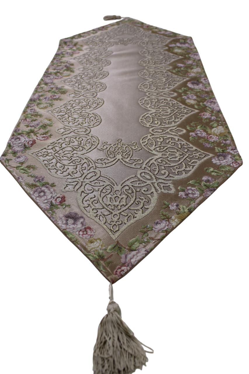 BELİEVE SUEDA JAKARLI DOKUMA SİMLİ PARLAK KABARIK SATEN İPEK GÖRÜNÜMLÜ DEKORATİF RUNNER 45*110 BEJ-BEJ