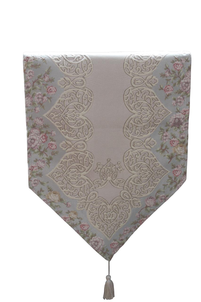 BELİEVE SUEDA JAKARLI DOKUMA SİMLİ PARLAK KABARIK SATEN İPEK GÖRÜNÜMLÜ DEKORATİF RUNNER 45*110 MAVİ-BEJ