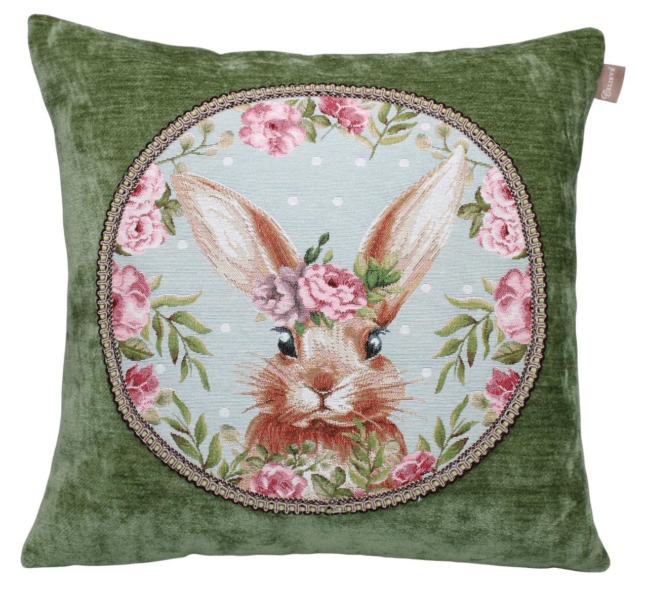 BELIEVE TAVŞANLI JAKARLI DOKUMA GOBLEN ŞÖNİL DEKORATİF YEŞİL KIRLENT KILIFI 45*45