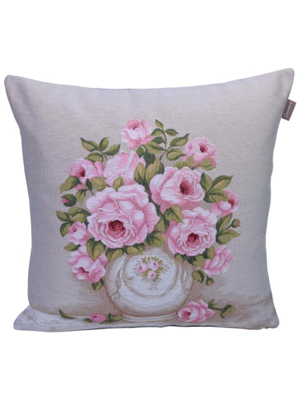 BELİEVE VAZODAKİ PEMBE GÜL JAKARLI DOKUMA GOBLEN DEKORATİF 45*45KIRLENT