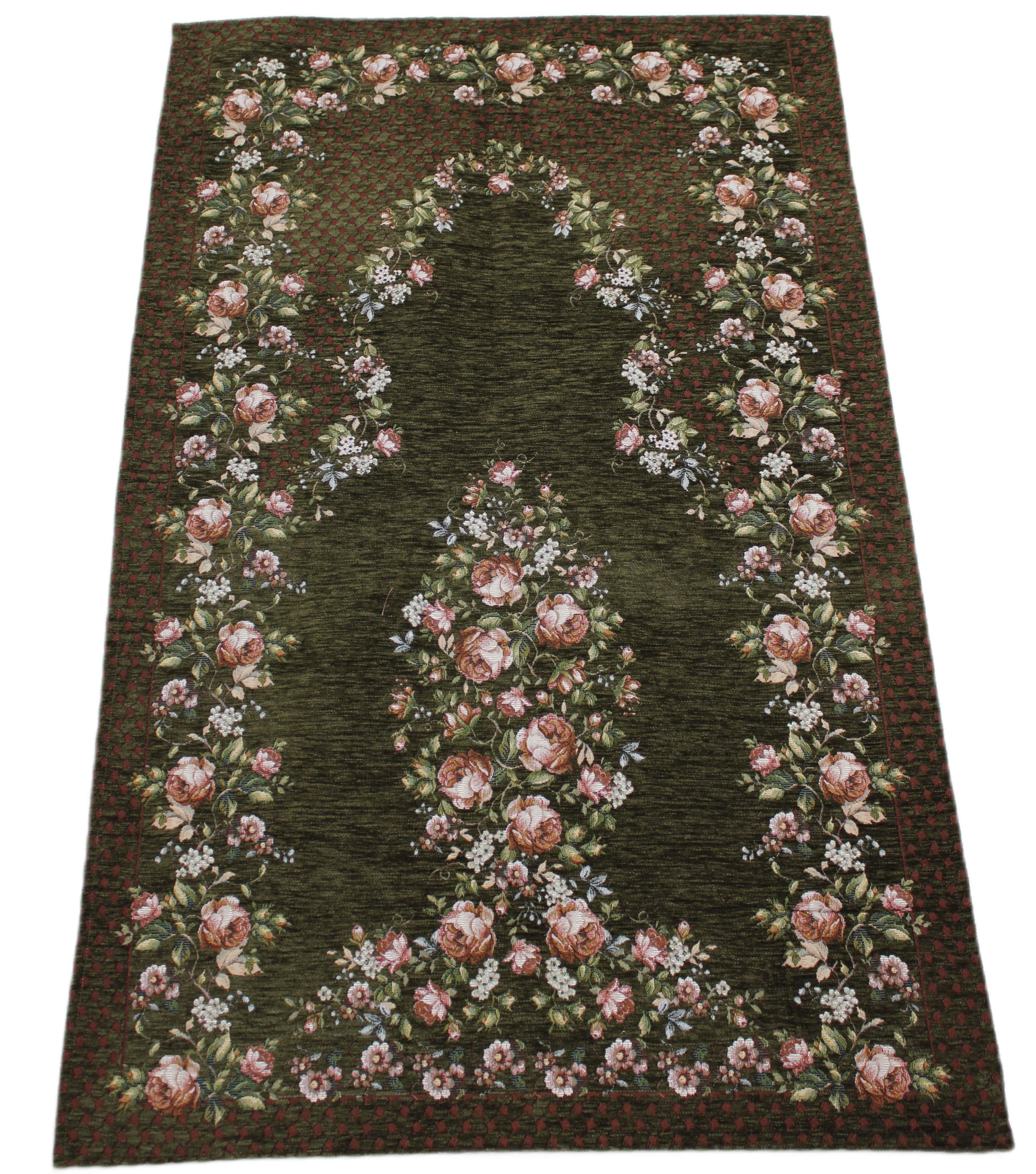 BELIEVE GÜL GONCASI JAKARLI DOKUMA GOBLEN DEKORATİF ŞÖNİL SECCADE ZEYTUNİ 70x120