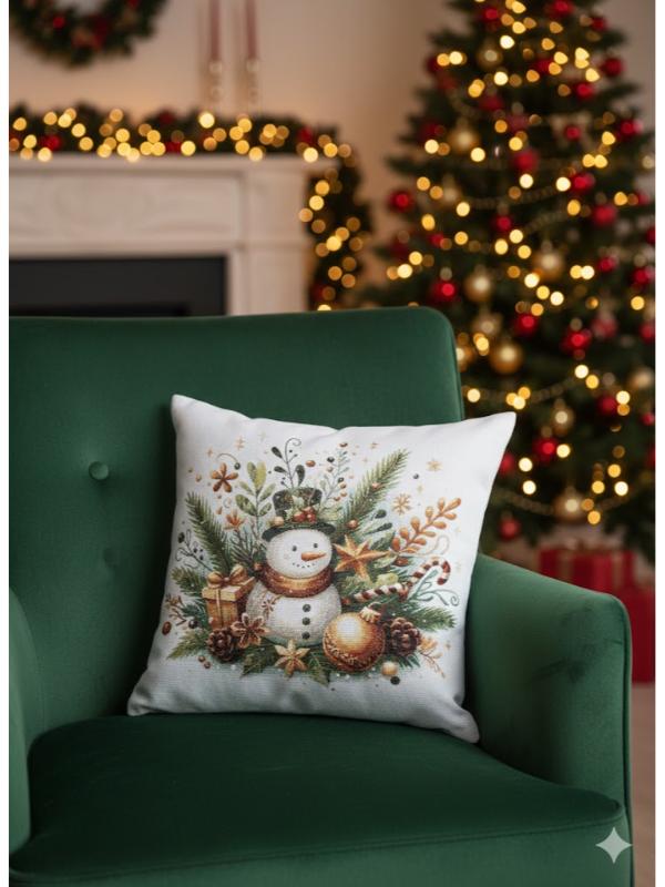 BELİEVE AĞAÇLI KARDAN ADAM JAKARLI DOKUMA GOBLEN  DEKORATİF YILBAŞI SİMLİ  45*45 KIRLENT