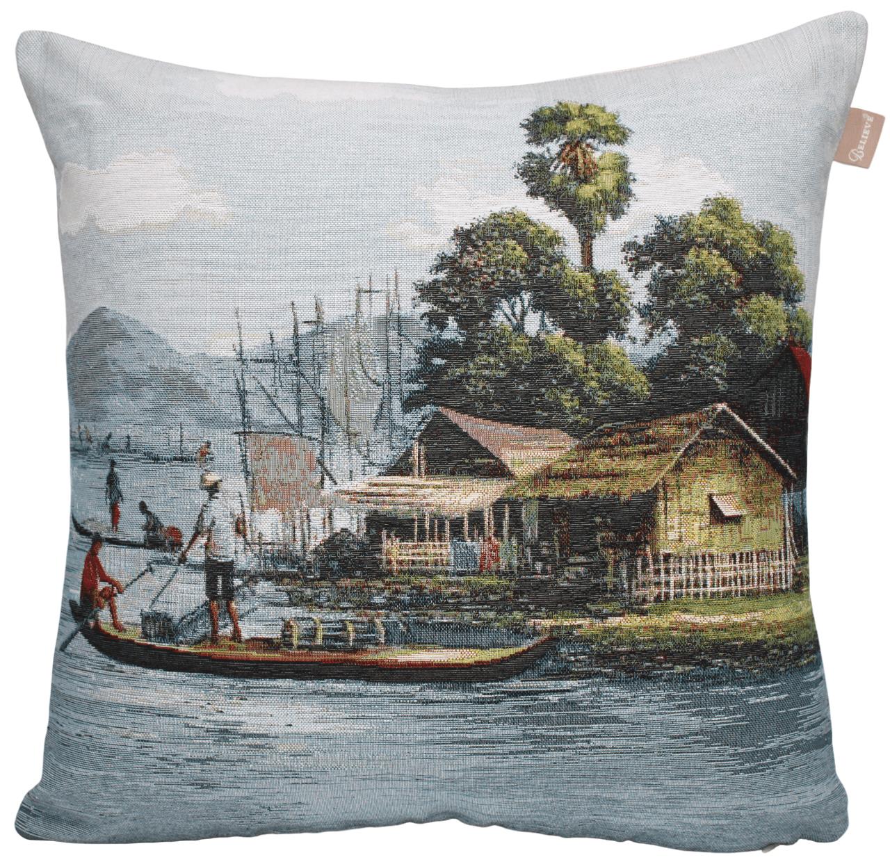 BELIEVE BALIKÇI JAKARLI DOKUMA GOBLEN  DEKORATİF  MANZARALI KIRLENT KILIFI 45*45