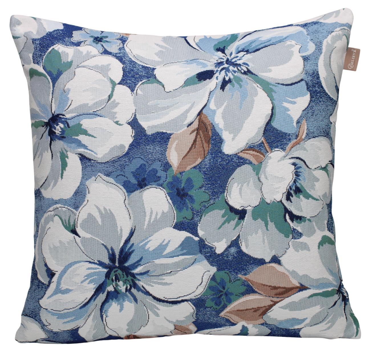 BELIEVE BLUE NATURE MAVİ JAKARLI DOKUMA  GOBLEN  DEKORATİF HERCAİ MENEKŞE ÇİÇEĞİ KIRLENT KILIFI 45*45