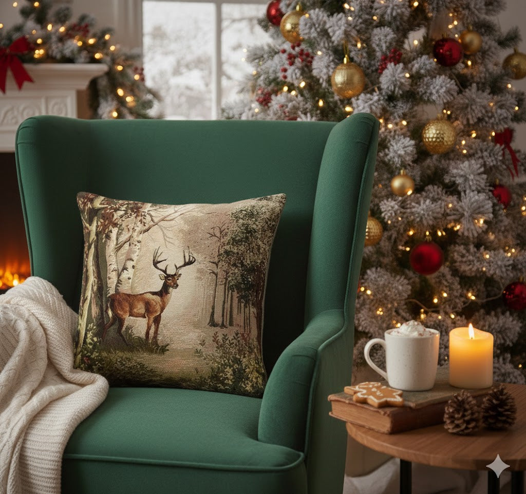 BELIEVE DEER TARTAN JAKARLI DOKUMA GOBLEN DEKORATİF KIRLENT KILIFI 45*45