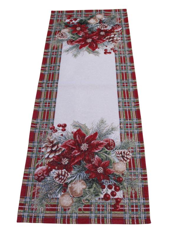 BELIEVE EKOSELİ KIRMIZI YILBAŞI ÇİÇEĞİ SÜSÜ JAKARLI DOKUMA GOBLEN DEKORATİF SİMLİ RUNNER 45*115