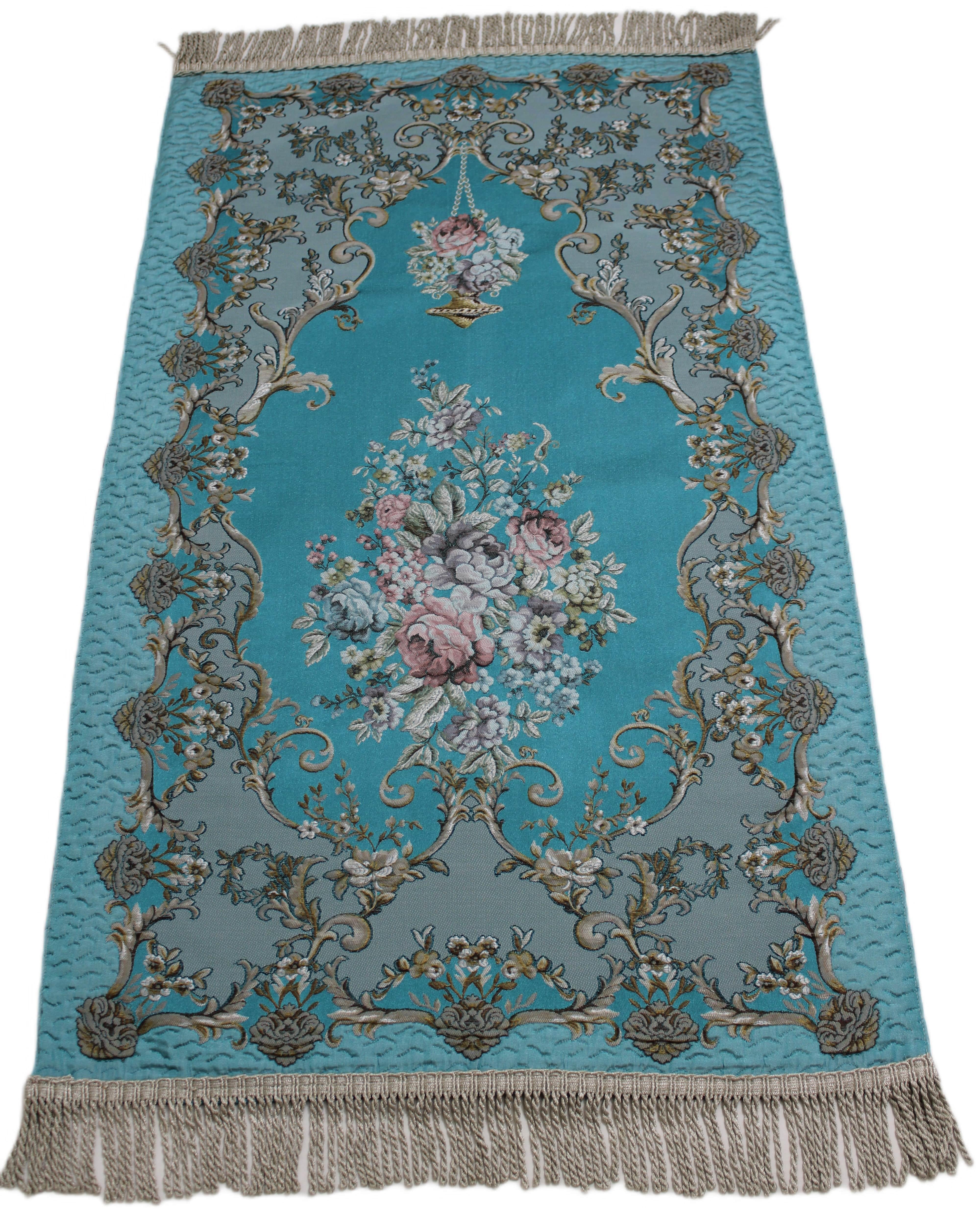 BELIEVE GÜLİZAR JAKARLI DOKUMA  GOBLEN DEKORATİF SATEN SECCADE TURKUAZ 70x120