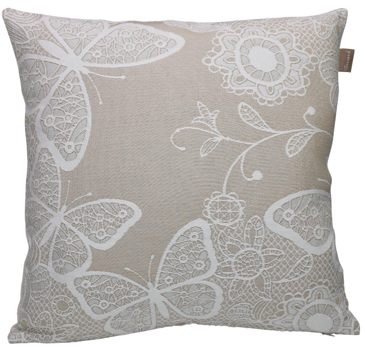 BELIEVE KELEBEK JAKARLI DOKUMA GOBLEN  DEKORATİF DANTEL GÖRÜNÜMLÜ BEJ KIRLENT KILIFI 45*45