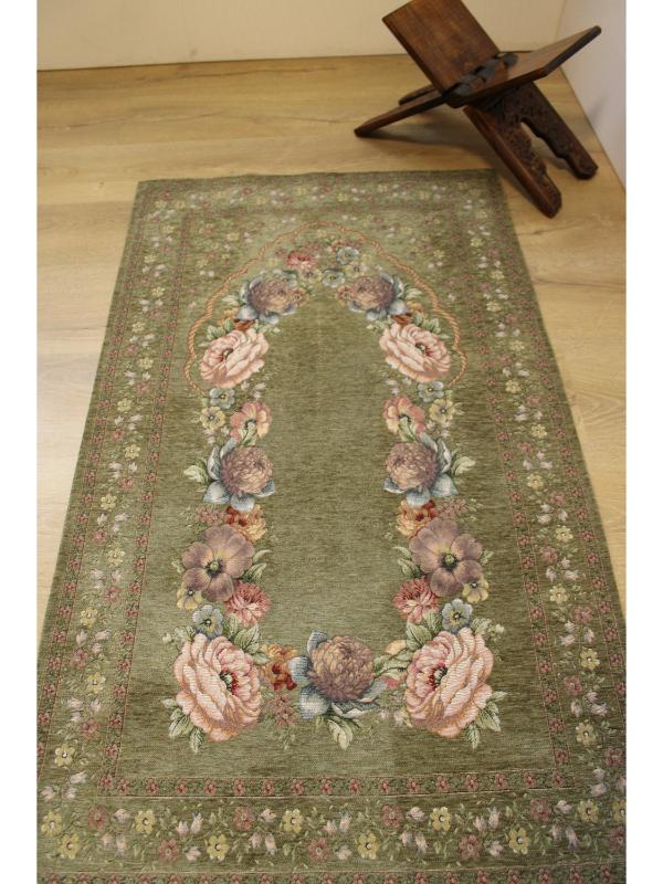 BELİEVE KINAY NEFTİ YEŞİL JAKARLI DOKUMA GOBLEN  DEKORATİF ASTARSIZ SAÇAKSIZ ŞÖNİLLİ SECCADE 70*115