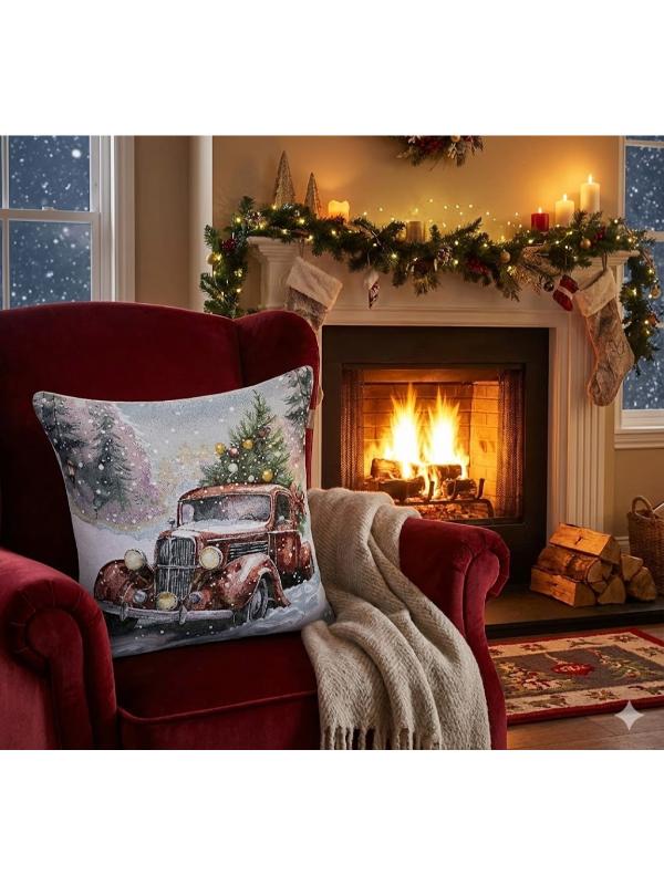 BELİEVE KIRMIZI ARABALI YILBAŞI JAKARLI DOKUMA  GOBLEN DEKORATİF SİMLİ KIRLENT 45*45