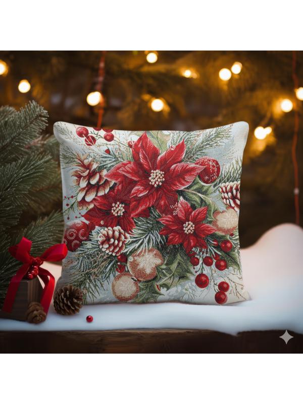 BELIEVE KIRMIZI ÇİÇEKLİ YILBAŞI SÜSLERİ  JAKARLI  DOKUMA GOBLEN DEKORATİF SİMLİ  KIRLENT 45*45