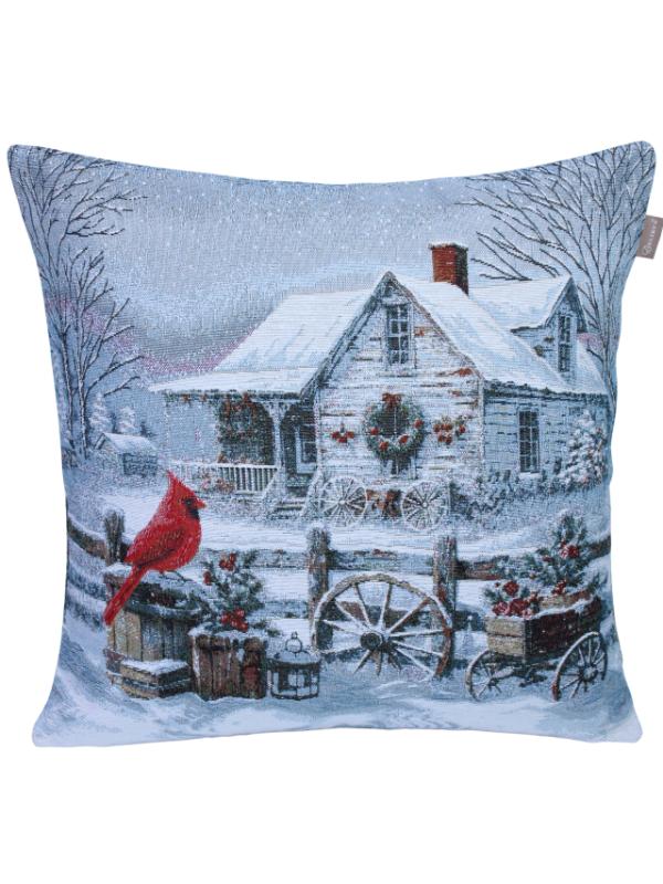 BELIEVE KIRMIZI KUŞLU KIŞ MANZARASI JAKARLI DOKUMA GOBLEN DEKORATİF YILBAŞI 45*45 KIRLENT