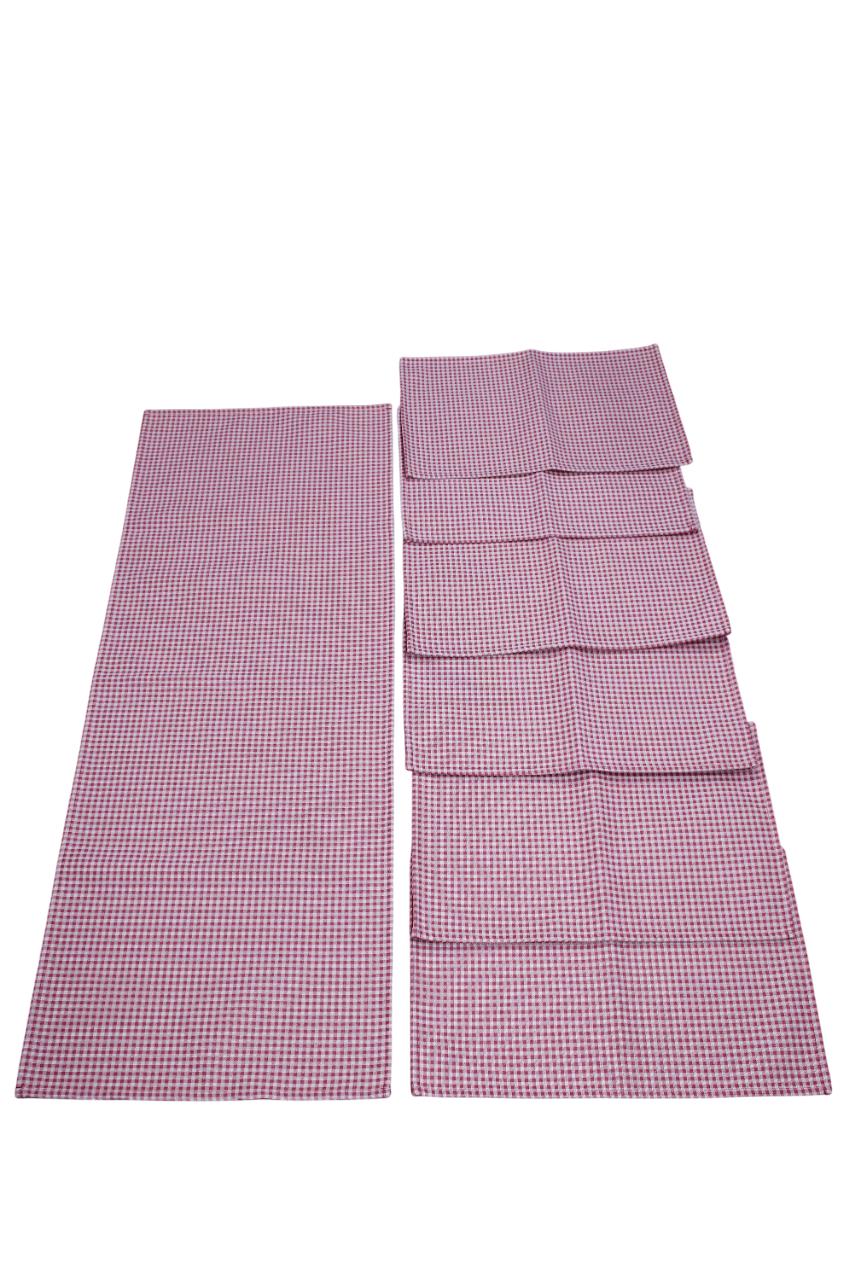 BELIEVE KIRMIZI PÖTİKARE JAKARLI DOKUMA GOBLEN  DEKORATİF RUNNER VE AMERİKAN SERVİSİ 7Lİ  PİKNİK SETİ