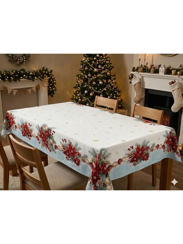 BELIEVE KIRMIZI YILBAŞI ÇİÇEĞİ SÜSÜ JAKARLI DOKUMA GOBLEN DEKORATİF SİMLİ MASA ÖRTÜSÜ  135*140