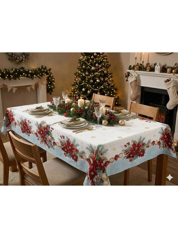 BELIEVE KIRMIZI YILBAŞI ÇİÇEĞİ SÜSÜ JAKARLI DOKUMA GOBLEN DEKORATİF SİMLİ MASA ÖRTÜSÜ  135*140