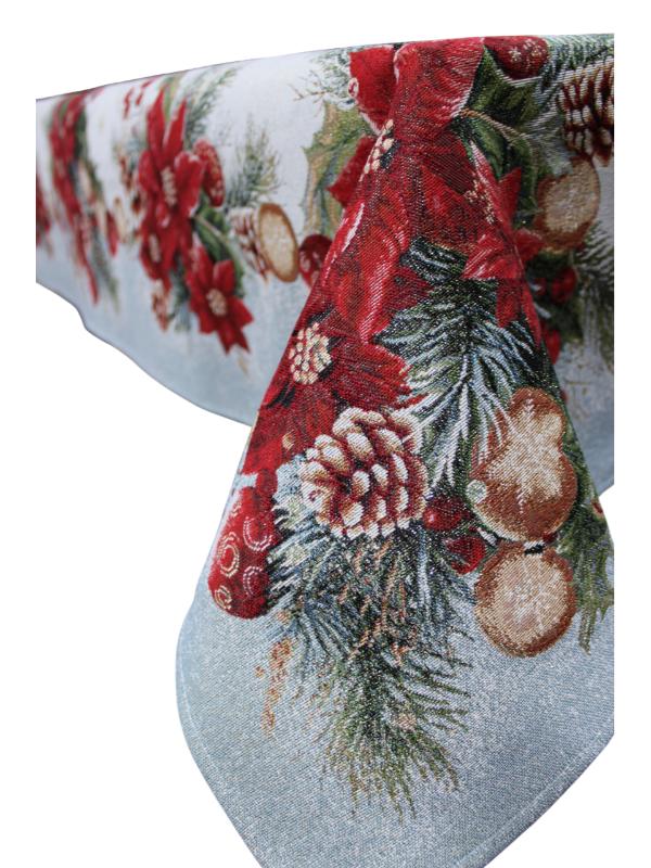 BELIEVE KIRMIZI YILBAŞI ÇİÇEĞİ SÜSÜ JAKARLI DOKUMA GOBLEN DEKORATİF SİMLİ MASA ÖRTÜSÜ  135*140