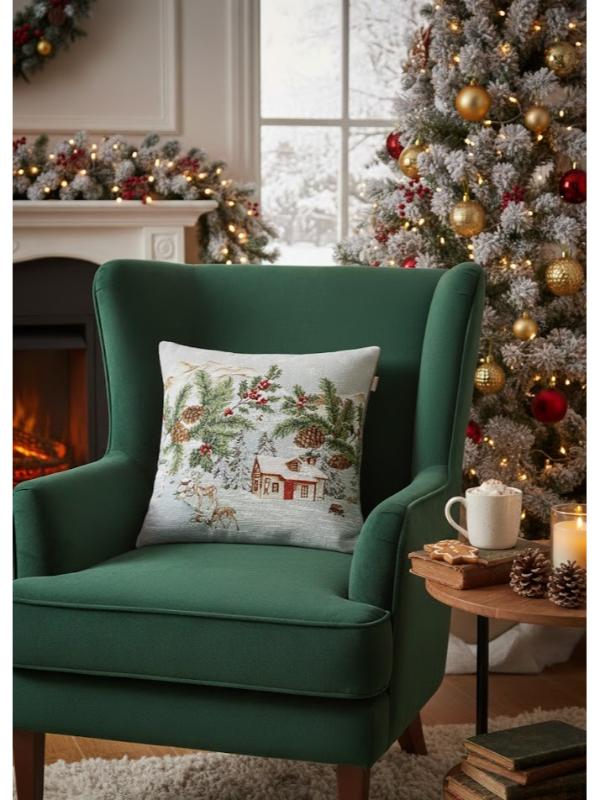 BELIEVE KIŞ EVİ JAKARLI DOKUMA  GOBLEN DEKORATİF KIRLENT KILIFI 45*45